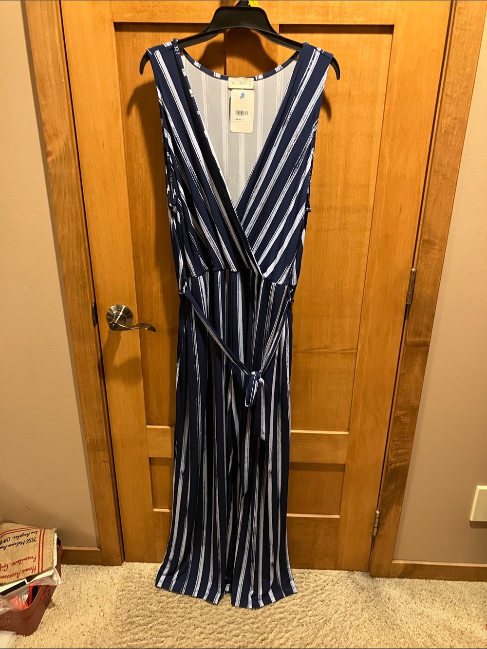 NWTThe Nines Navy/White Vneck Striped Wrap Jumpsuit w/ tie Front pockets with